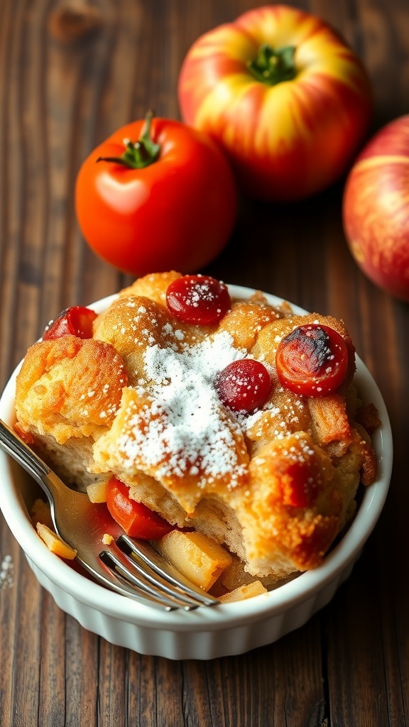 A golden brown tomato and apple bread pudding served warm, garnished with powdered sugar on a rustic table.